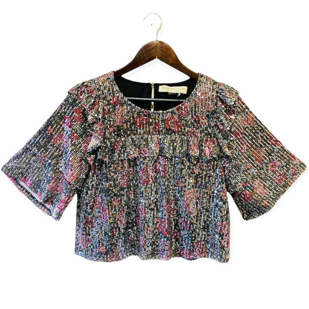 Saltwater Luxe Women's Size S Ruffled Short Sleeve Crop Top Sequin Multicolor
